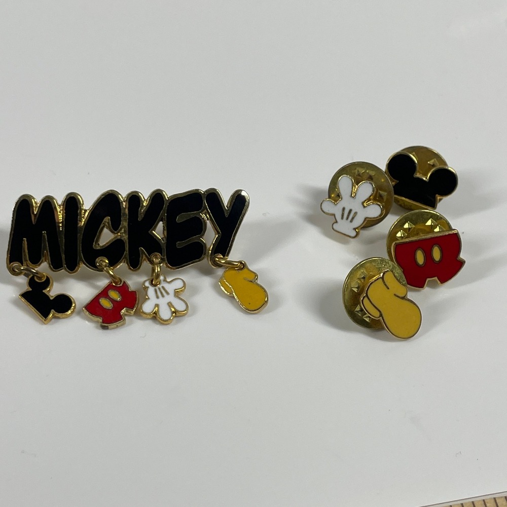 Disney Mickey Mouse Enamel Pin Set Vintage Gold Tone Dangle Name 5pc OS - Picture 3 of 6